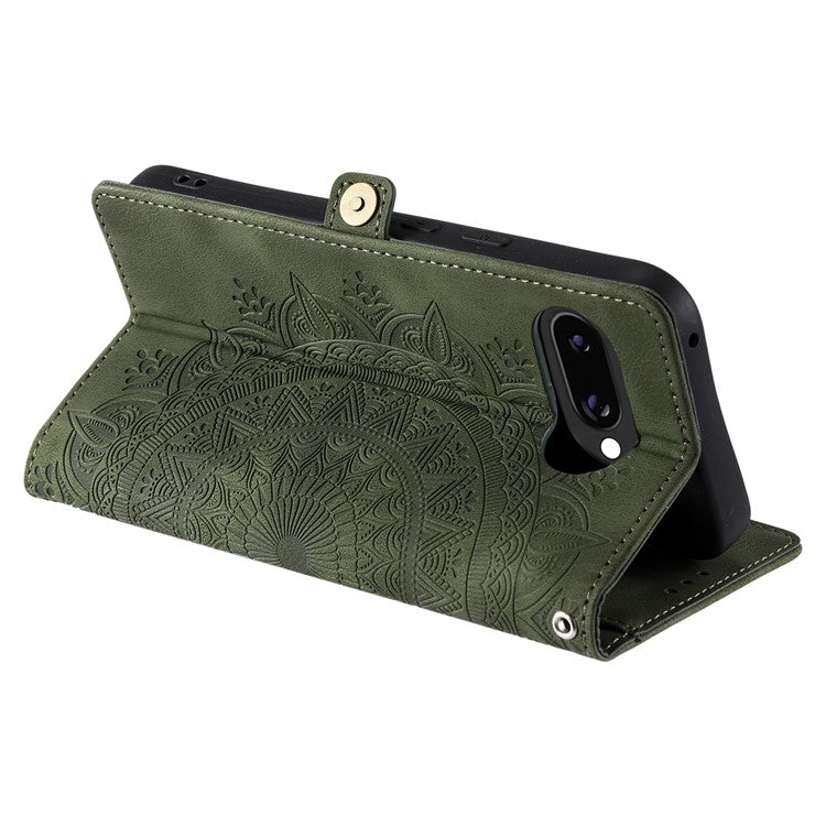 Style 016 For Google Pixel 9a Case Skin Feel Totem Imprinted Wallet Leather Phone Cover - Blackish Green