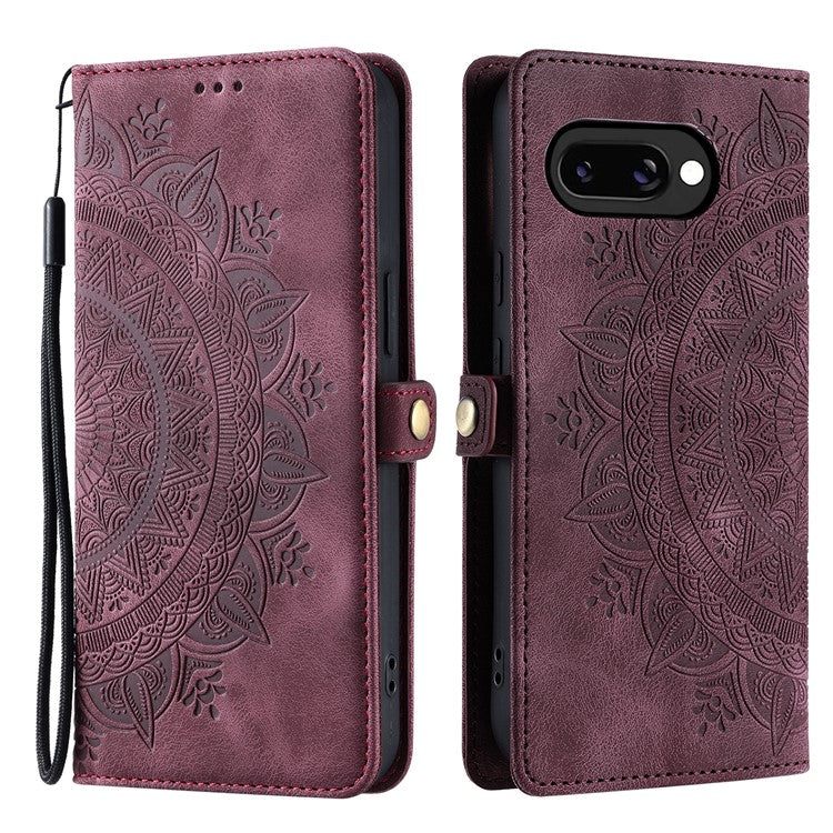 Style 016 For Google Pixel 9a Case Skin Feel Totem Imprinted Wallet Leather Phone Cover - Wine Red