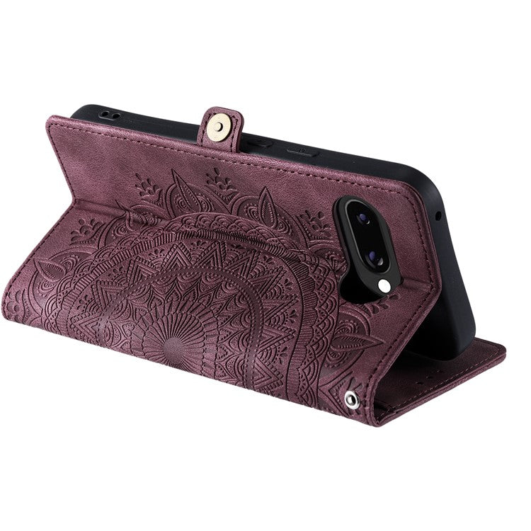 Style 016 For Google Pixel 9a Case Skin Feel Totem Imprinted Wallet Leather Phone Cover - Wine Red