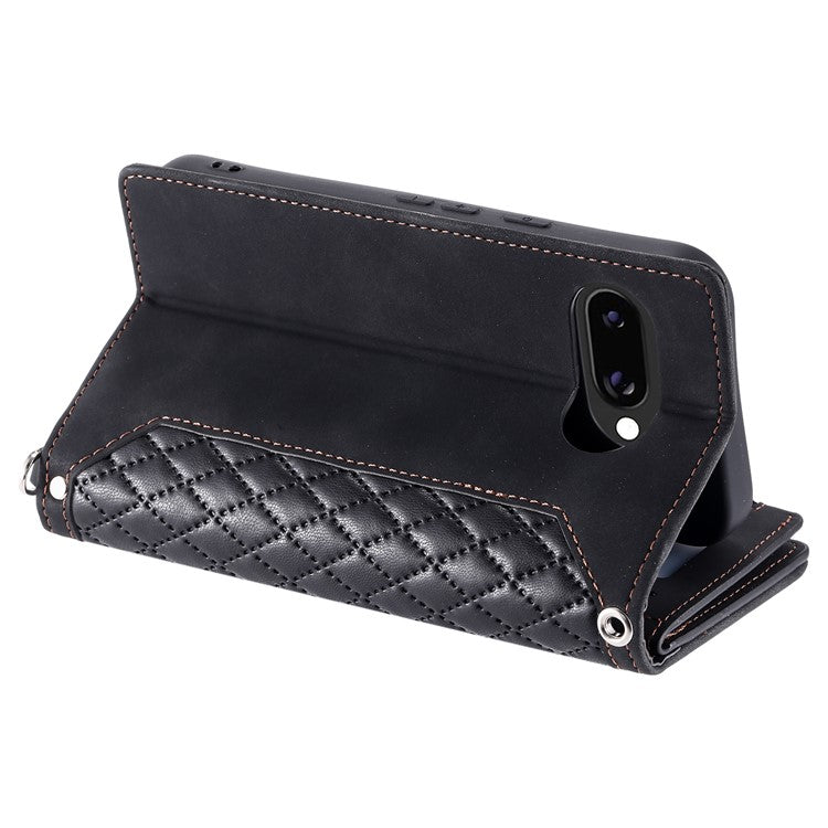 Style 005 For Google Pixel 9a Wallet Case Rhombus Stitching Line PU Leather Phone Cover - Black