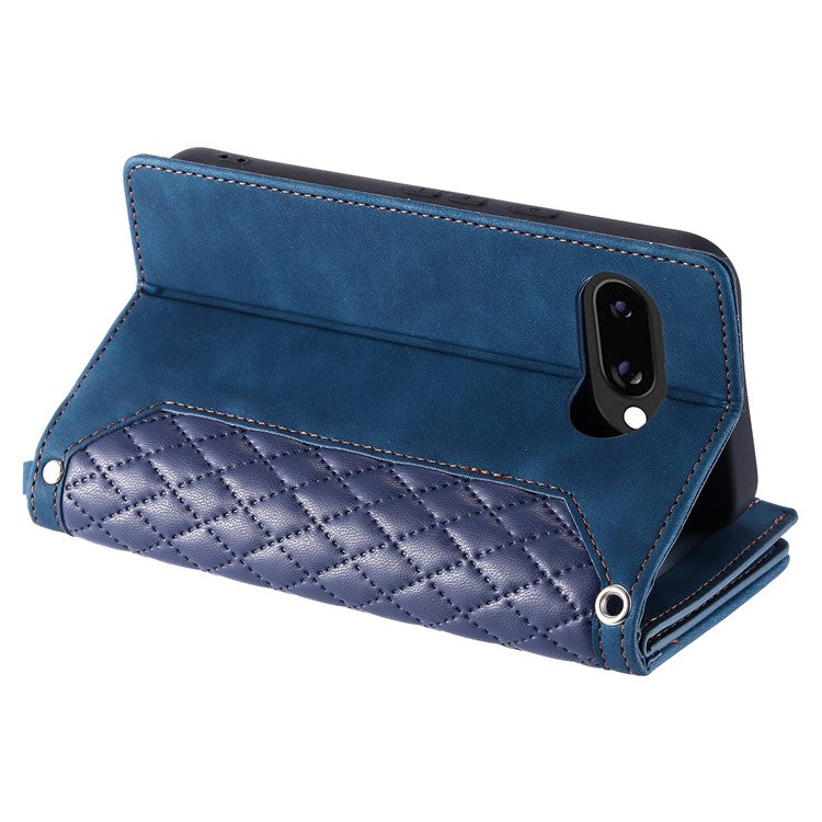Style 005 For Google Pixel 9a Wallet Case Rhombus Stitching Line PU Leather Phone Cover - Blue