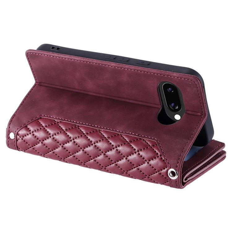 Style 005 For Google Pixel 9a Wallet Case Rhombus Stitching Line PU Leather Phone Cover - Wine Red