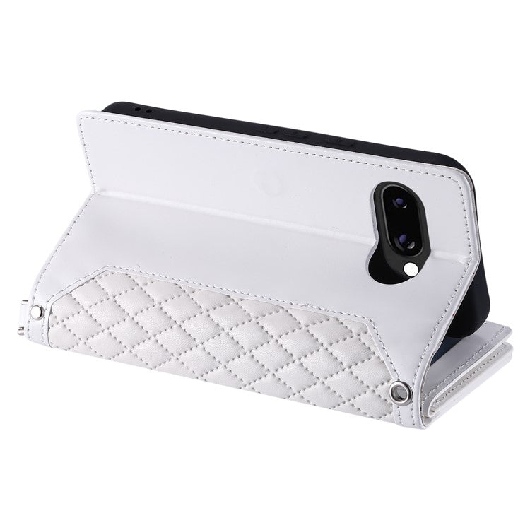 Style 005 For Google Pixel 9a Wallet Case Rhombus Stitching Line PU Leather Phone Cover - White