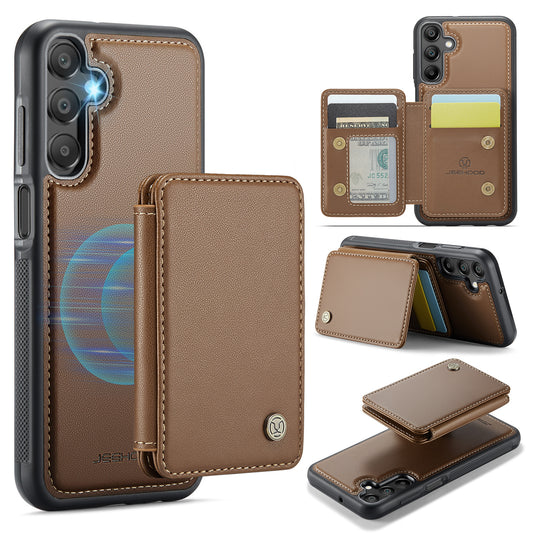 For Samsung Galaxy A16 5G Case JEEHOOD J05 Leather Phone Cover with Card Holder Kickstand RFID Blocking - Brwon