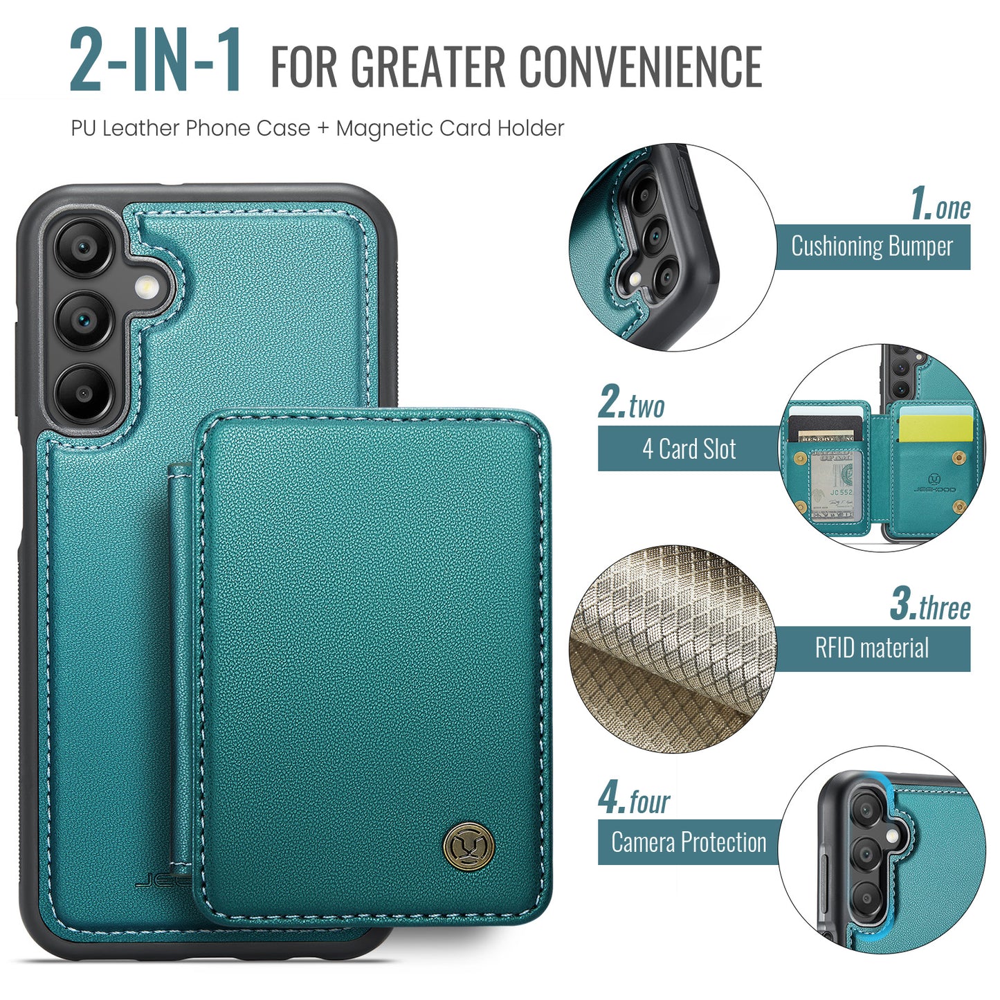 For Samsung Galaxy A16 5G Case JEEHOOD J05 Leather Phone Cover with Card Holder Kickstand RFID Blocking - Blue