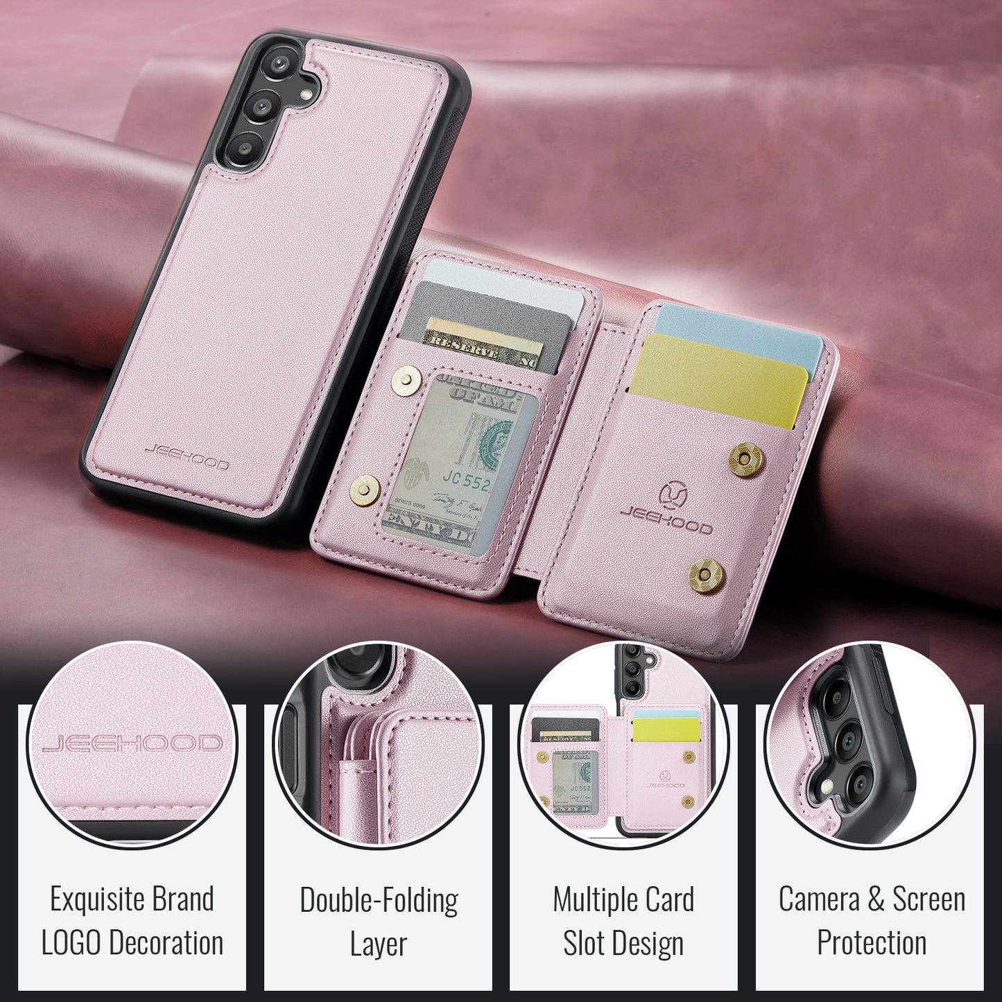 For Samsung Galaxy A16 5G Case JEEHOOD J05 Leather Phone Cover with Card Holder Kickstand RFID Blocking - Pink
