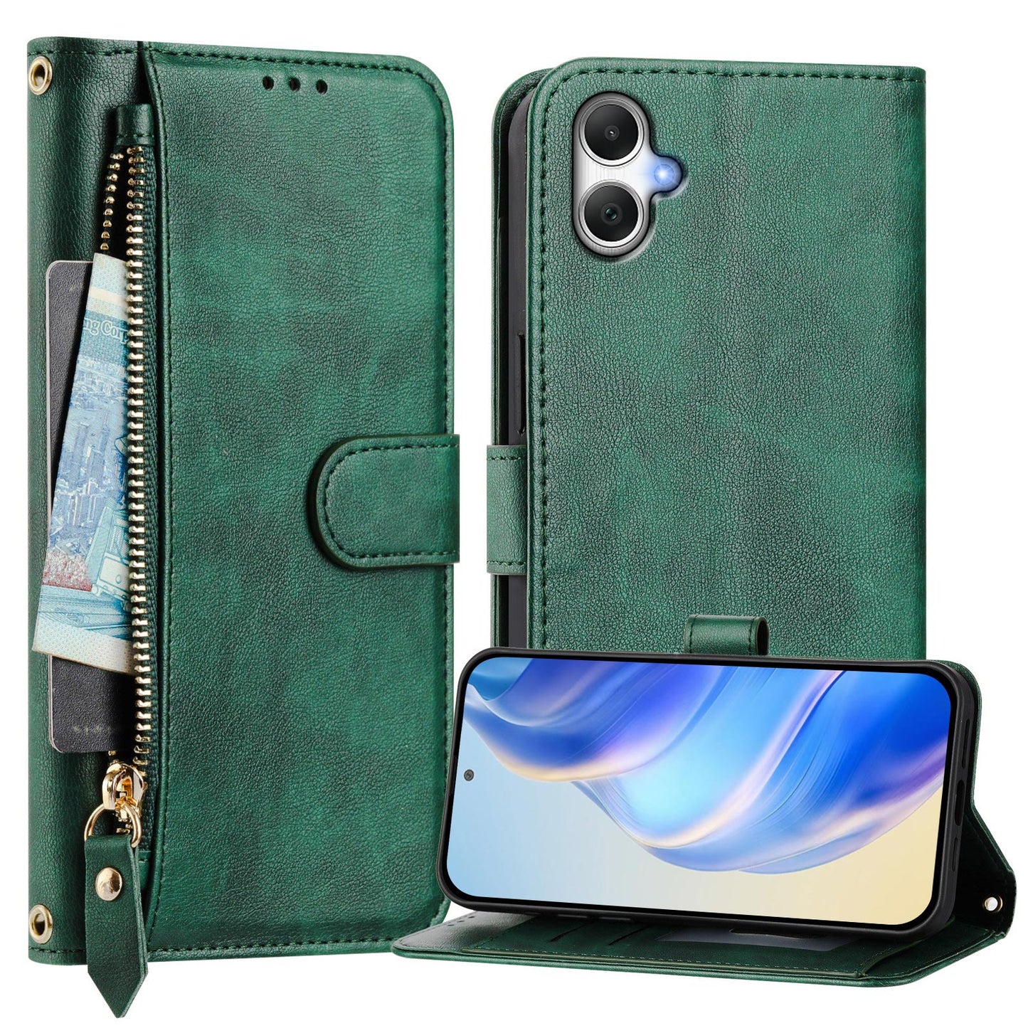 For Samsung Galaxy A06 Case Zipper Pocket Multiple Card Slots Leather Phone Cover - Green