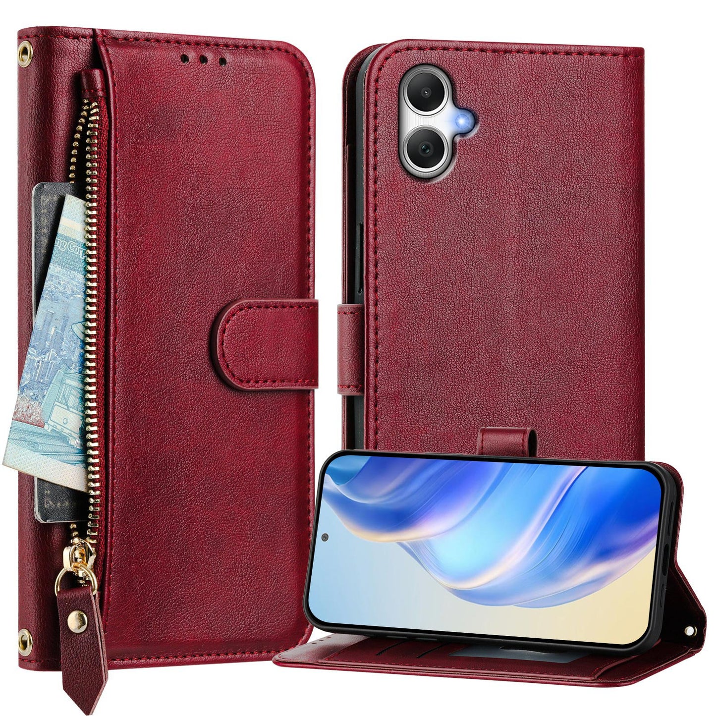 For Samsung Galaxy A06 Case Zipper Pocket Multiple Card Slots Leather Phone Cover - Red