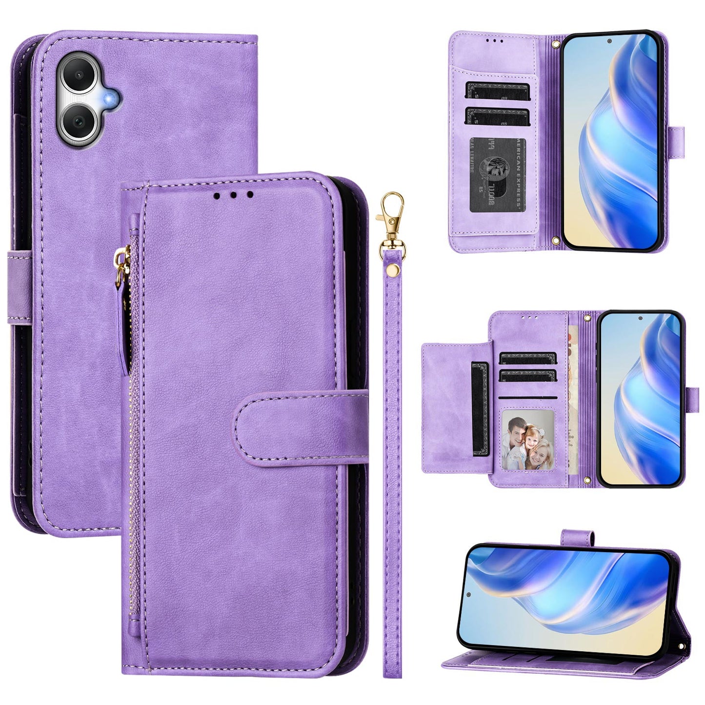 For Samsung Galaxy A06 Case Zipper Pocket Multiple Card Slots Leather Phone Cover - Purple