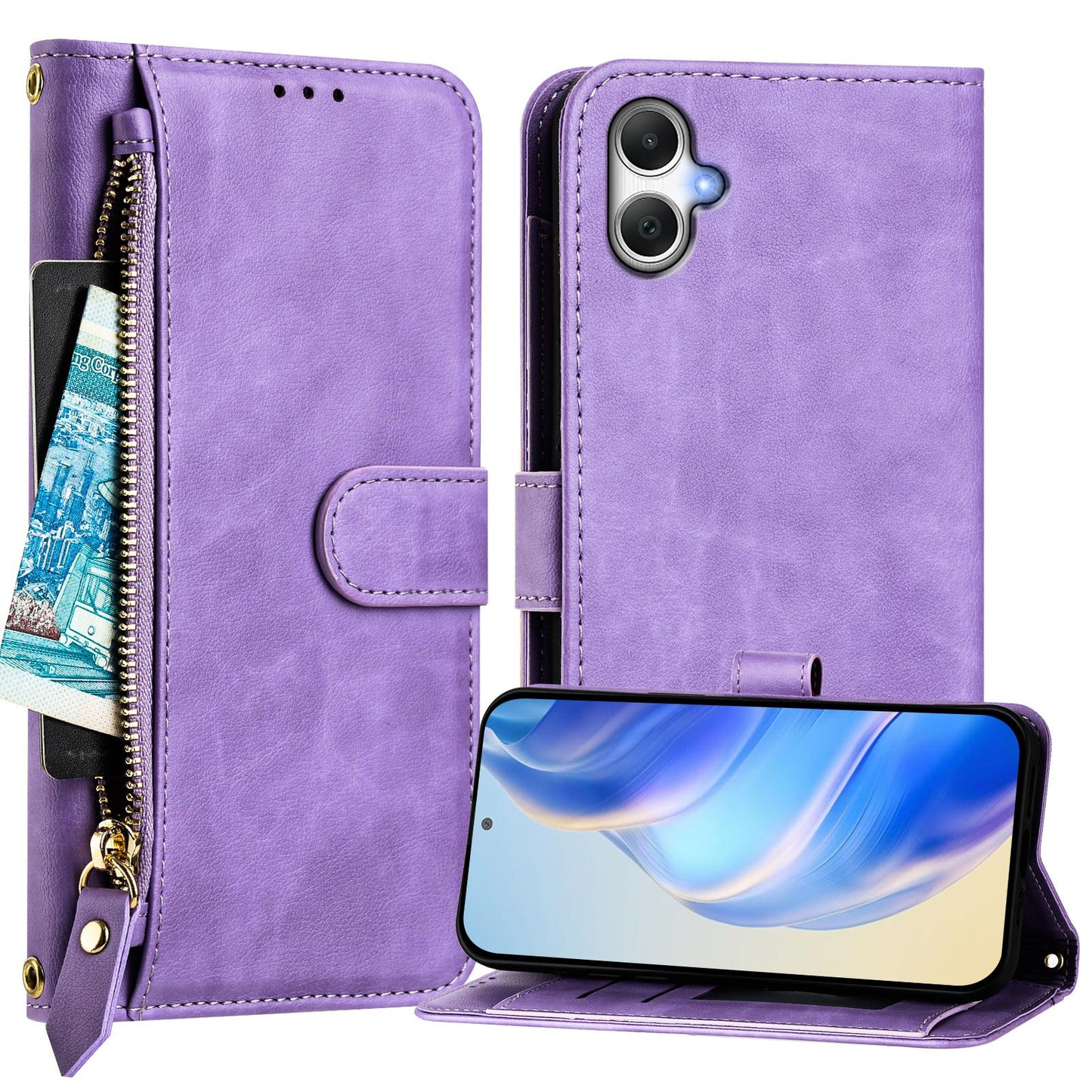 For Samsung Galaxy A06 Case Zipper Pocket Multiple Card Slots Leather Phone Cover - Purple