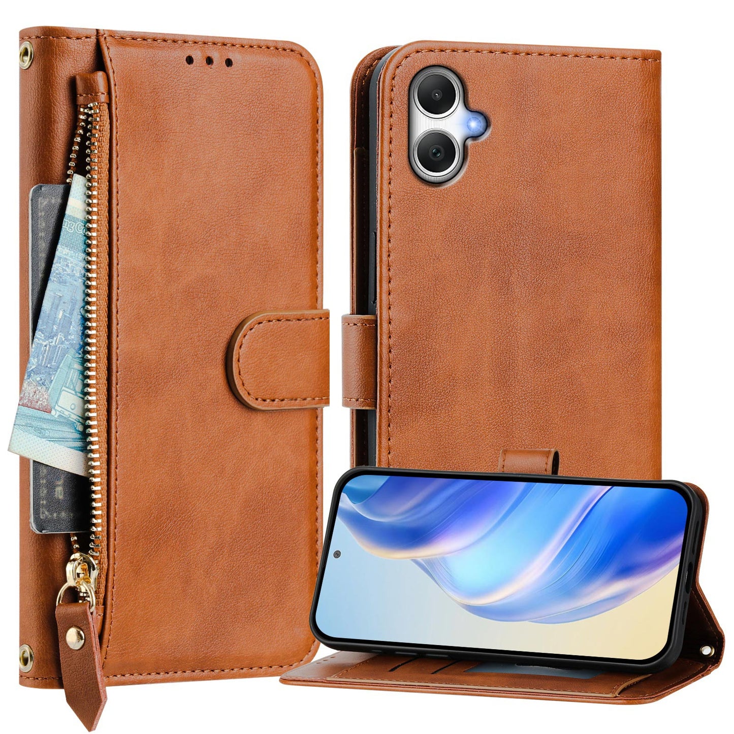 For Samsung Galaxy A06 Case Zipper Pocket Multiple Card Slots Leather Phone Cover - Brown