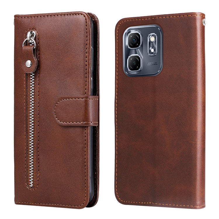 For Infinix Hot 50i 4G / Smart 9 4G Case Zipper Wallet Calf Texture PU Leather Phone Cover - Brown