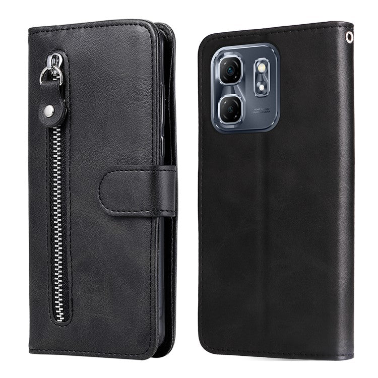 For Infinix Hot 50i 4G / Smart 9 4G Case Zipper Wallet Calf Texture PU Leather Phone Cover - Black