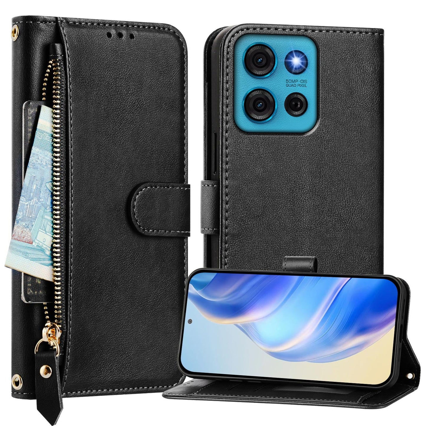 For Motorola Moto G75 5G Case Zipper Pocket Multiple Card Slots Leather Phone Cover - Black