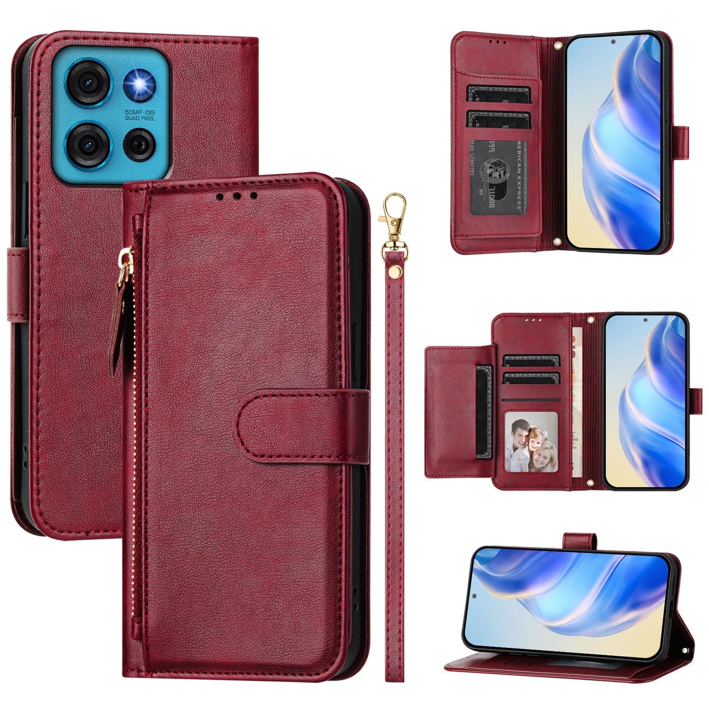 For Motorola Moto G75 5G Case Zipper Pocket Multiple Card Slots Leather Phone Cover - Red