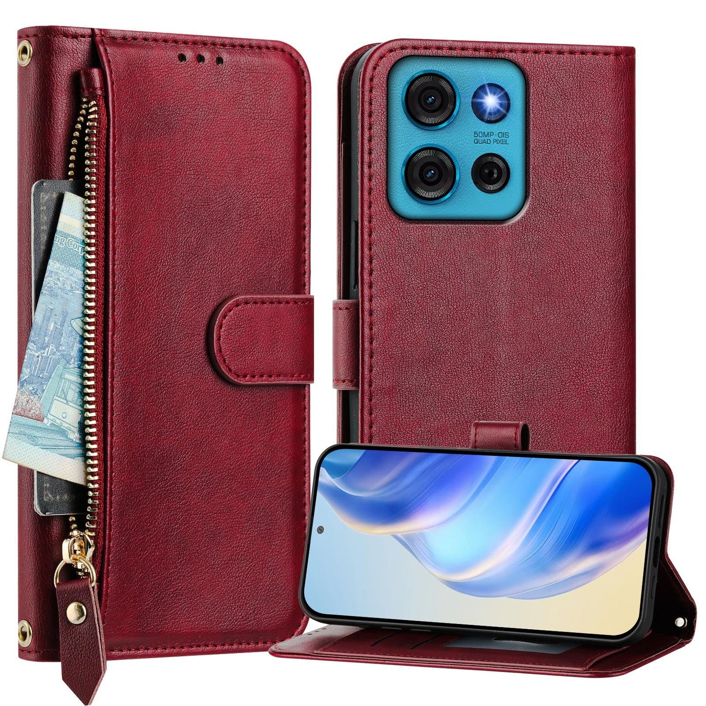 For Motorola Moto G75 5G Case Zipper Pocket Multiple Card Slots Leather Phone Cover - Red