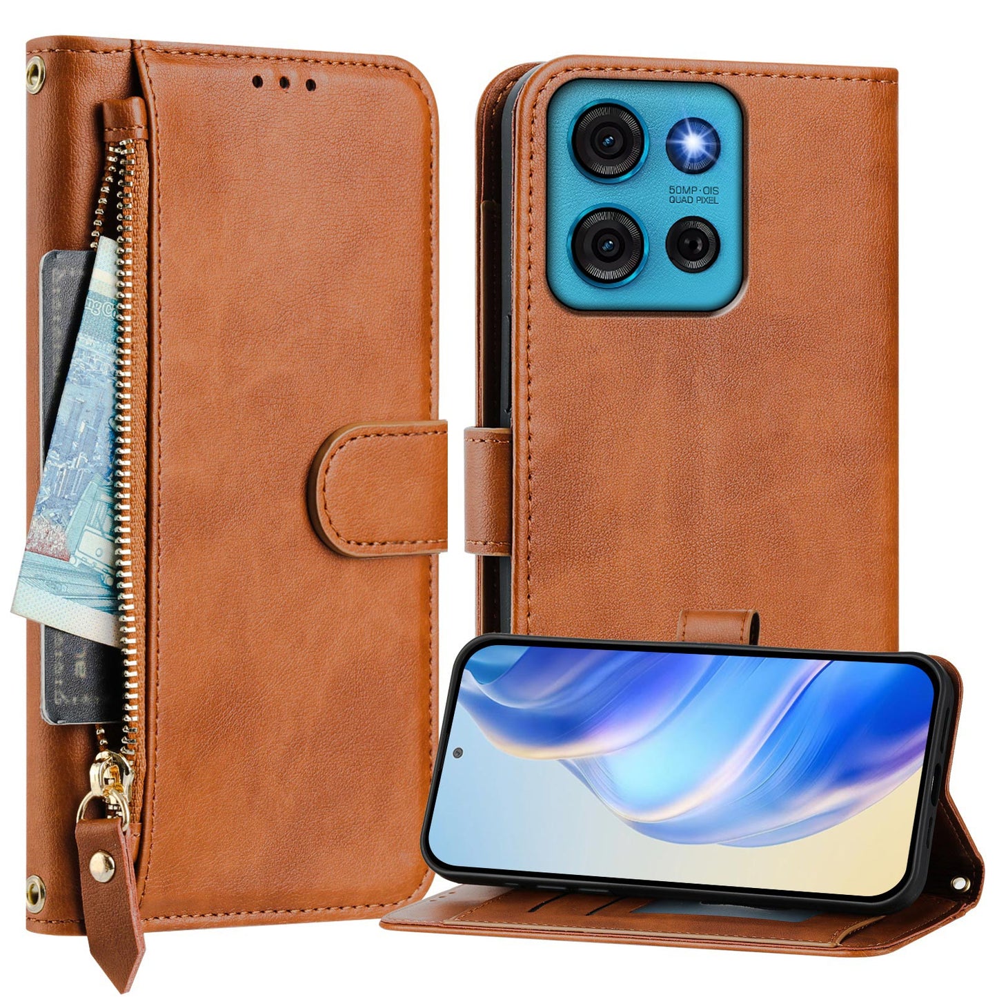For Motorola Moto G75 5G Case Zipper Pocket Multiple Card Slots Leather Phone Cover - Brown
