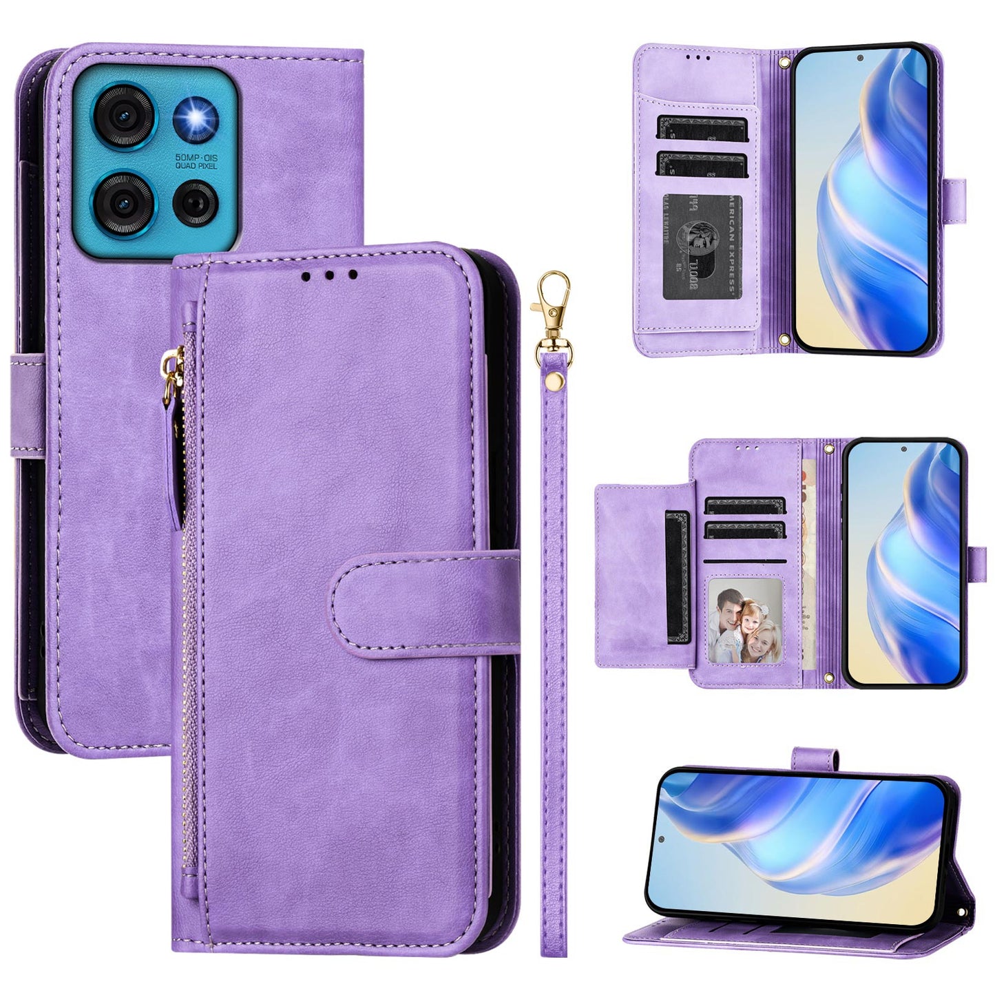 For Motorola Moto G75 5G Case Zipper Pocket Multiple Card Slots Leather Phone Cover - Purple