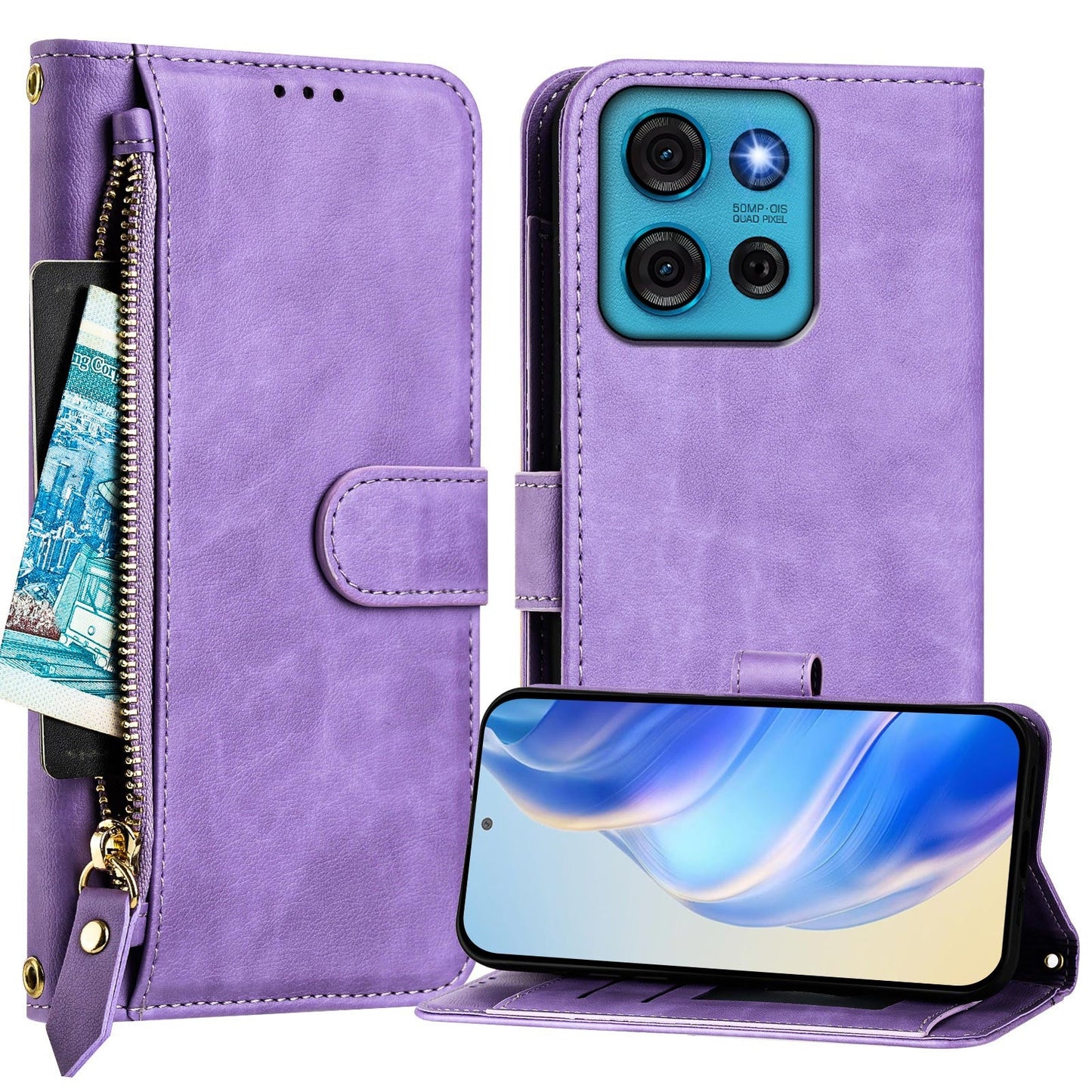 For Motorola Moto G75 5G Case Zipper Pocket Multiple Card Slots Leather Phone Cover - Purple