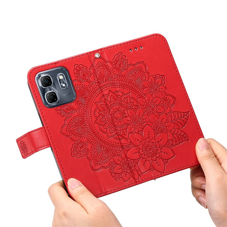 For Infinix Hot 50i 4G / Smart 9 4G Case PU Leather Wallet Floral Phone Cover Stand View - Red
