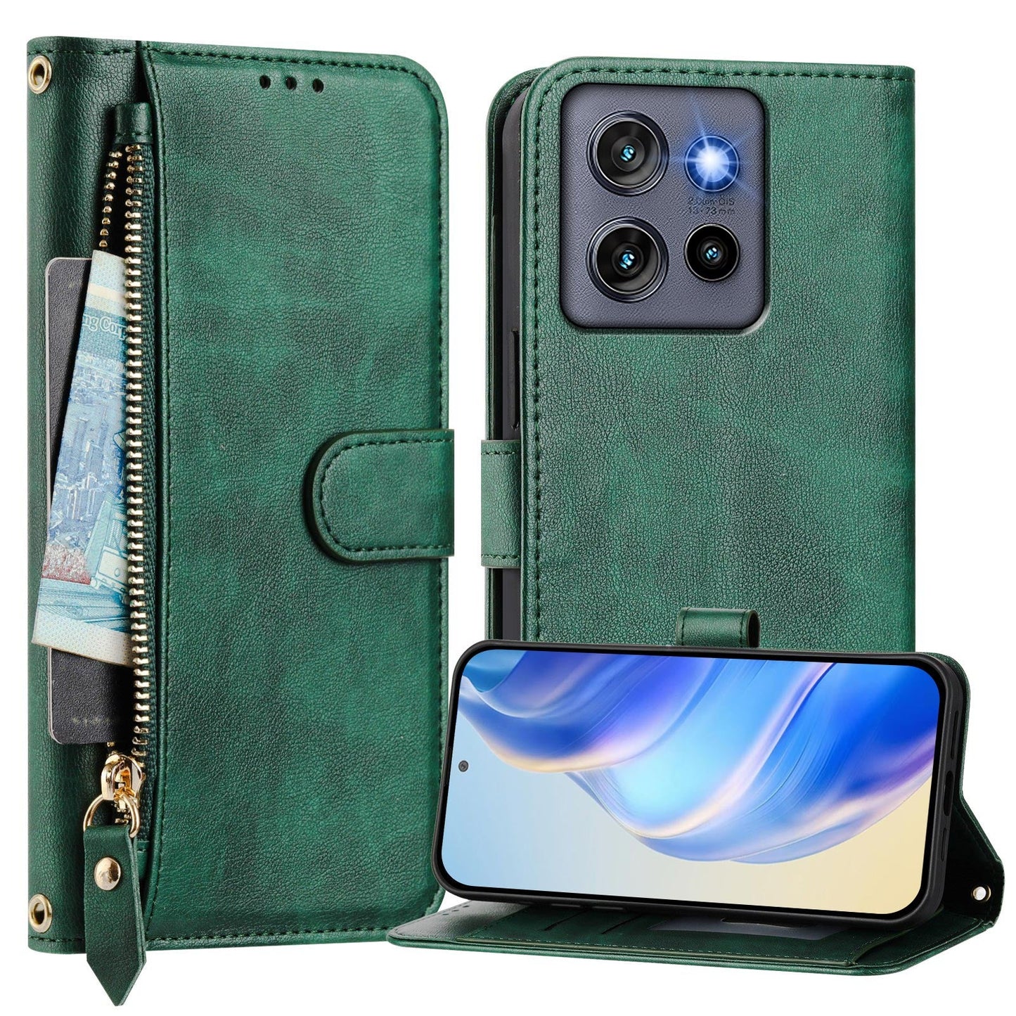For Motorola Edge 50 Neo 5G / Moto S50 5G / Thinkphone 25 5G Case Zipper Pocket Multiple Card Slots Leather Phone Cover - Green