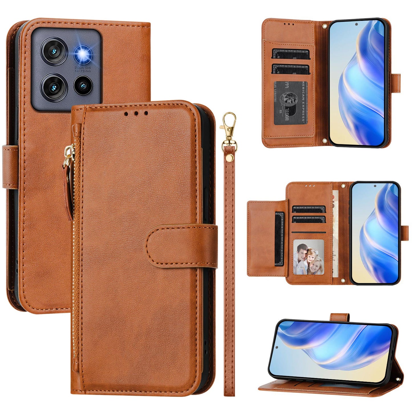 For Motorola Edge 50 Neo 5G / Moto S50 5G / Thinkphone 25 5G Case Zipper Pocket Multiple Card Slots Leather Phone Cover - Brown
