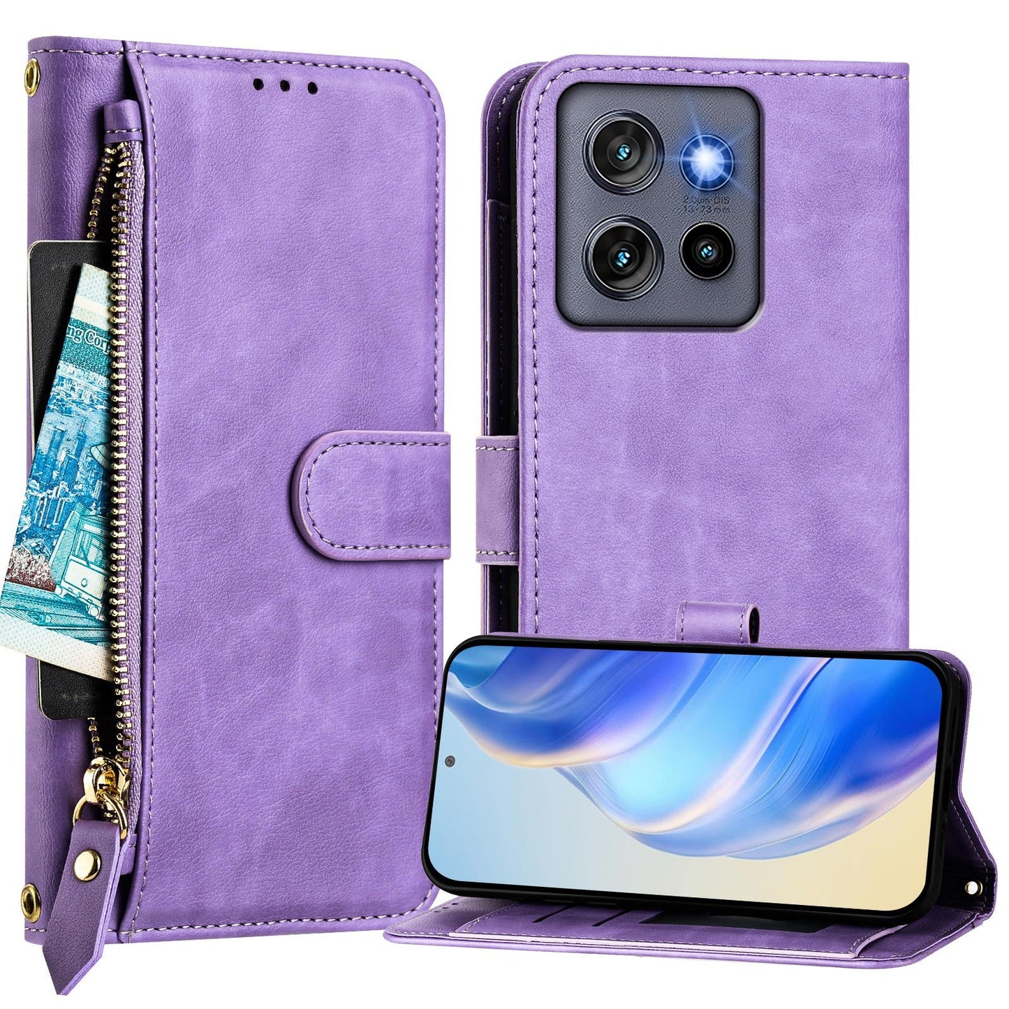 For Motorola Edge 50 Neo 5G / Moto S50 5G / Thinkphone 25 5G Case Zipper Pocket Multiple Card Slots Leather Phone Cover - Purple