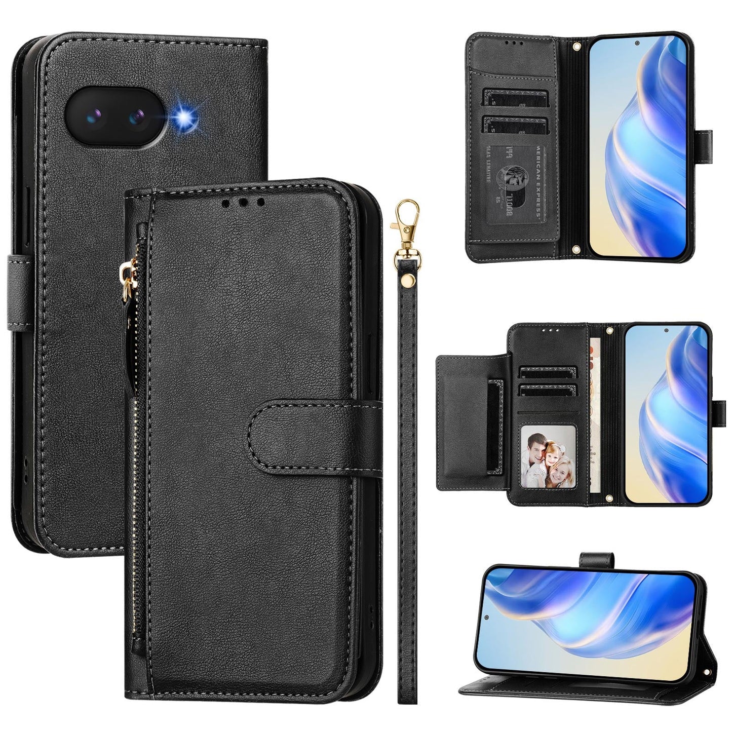 For Google Pixel 9a Case Zipper Pocket Multiple Card Slots Leather Phone Cover - Black