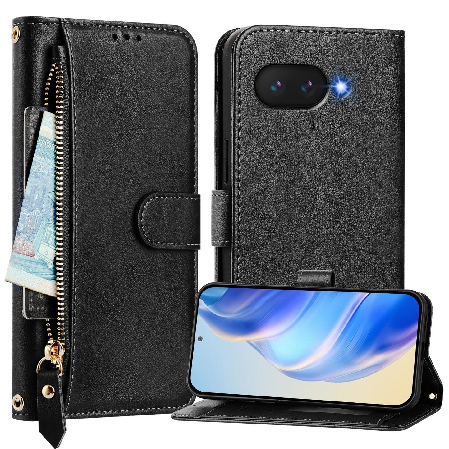 For Google Pixel 9a Case Zipper Pocket Multiple Card Slots Leather Phone Cover - Black