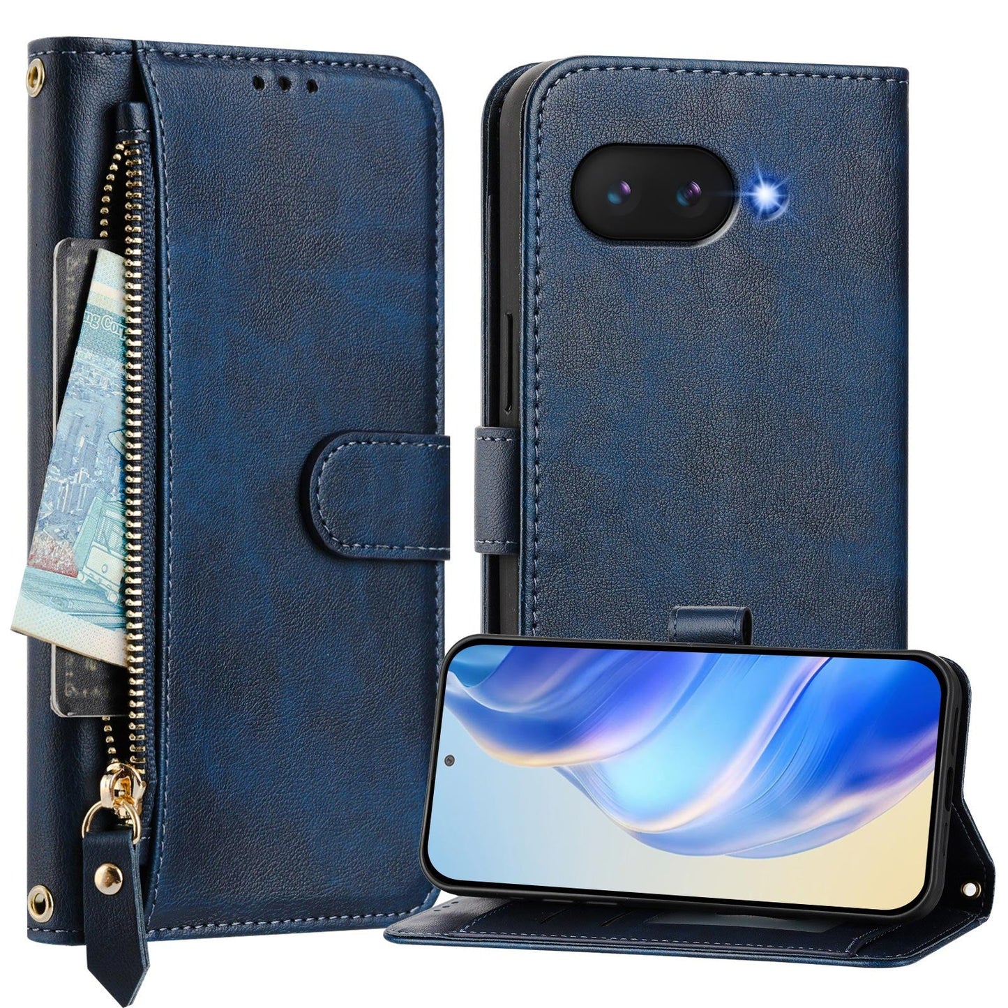 For Google Pixel 9a Case Zipper Pocket Multiple Card Slots Leather Phone Cover - Blue