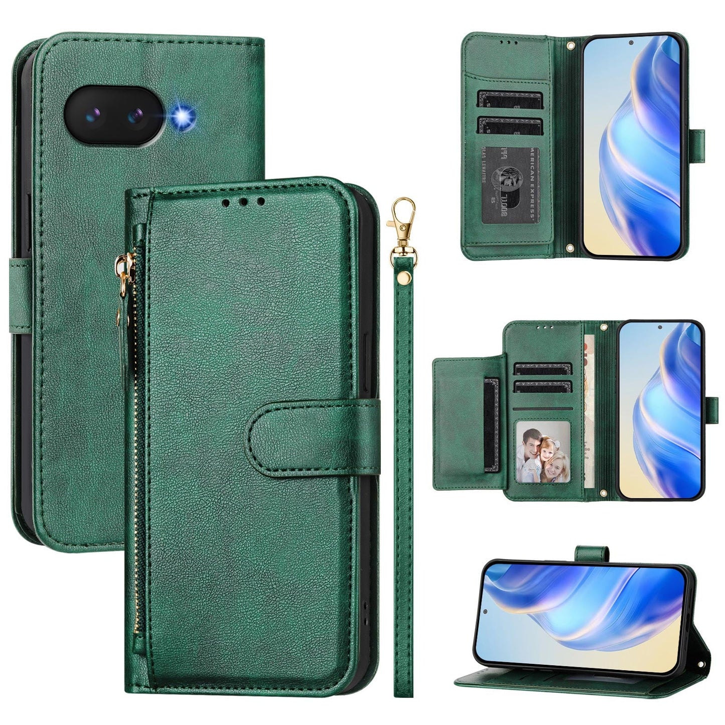 For Google Pixel 9a Case Zipper Pocket Multiple Card Slots Leather Phone Cover - Green