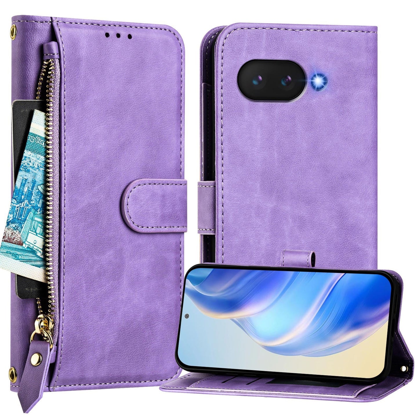For Google Pixel 9a Case Zipper Pocket Multiple Card Slots Leather Phone Cover - Purple