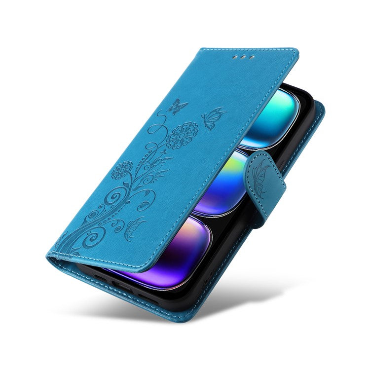 For Infinix Hot 50i 4G / Smart 9 4G Leather Case Butterfly Floral Imprint Wallet Stand Cover - Blue