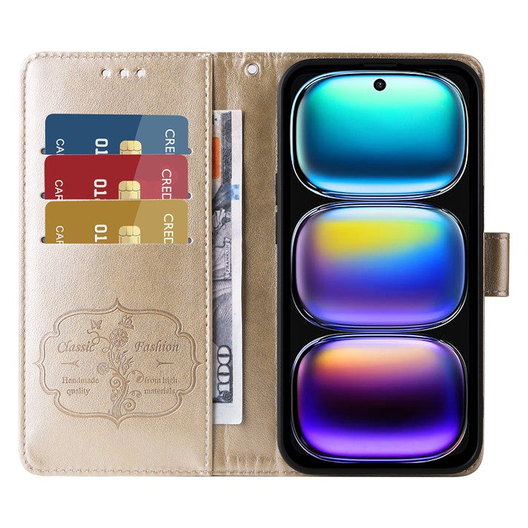 For Infinix Hot 50i 4G / Smart 9 4G Leather Case Butterfly Floral Imprint Wallet Stand Cover - Gold