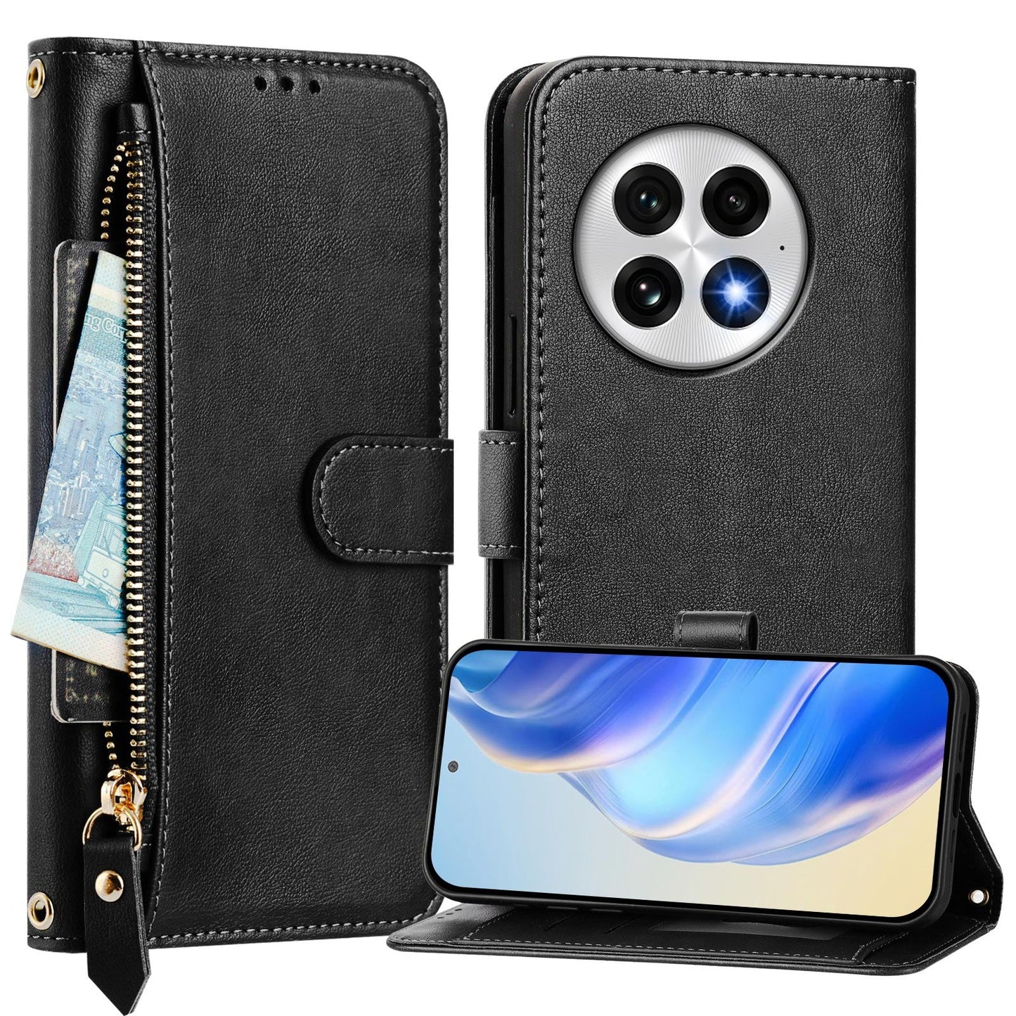 For OnePlus 13 Case Zipper Pocket Multiple Card Slots Leather Phone Cover - Black