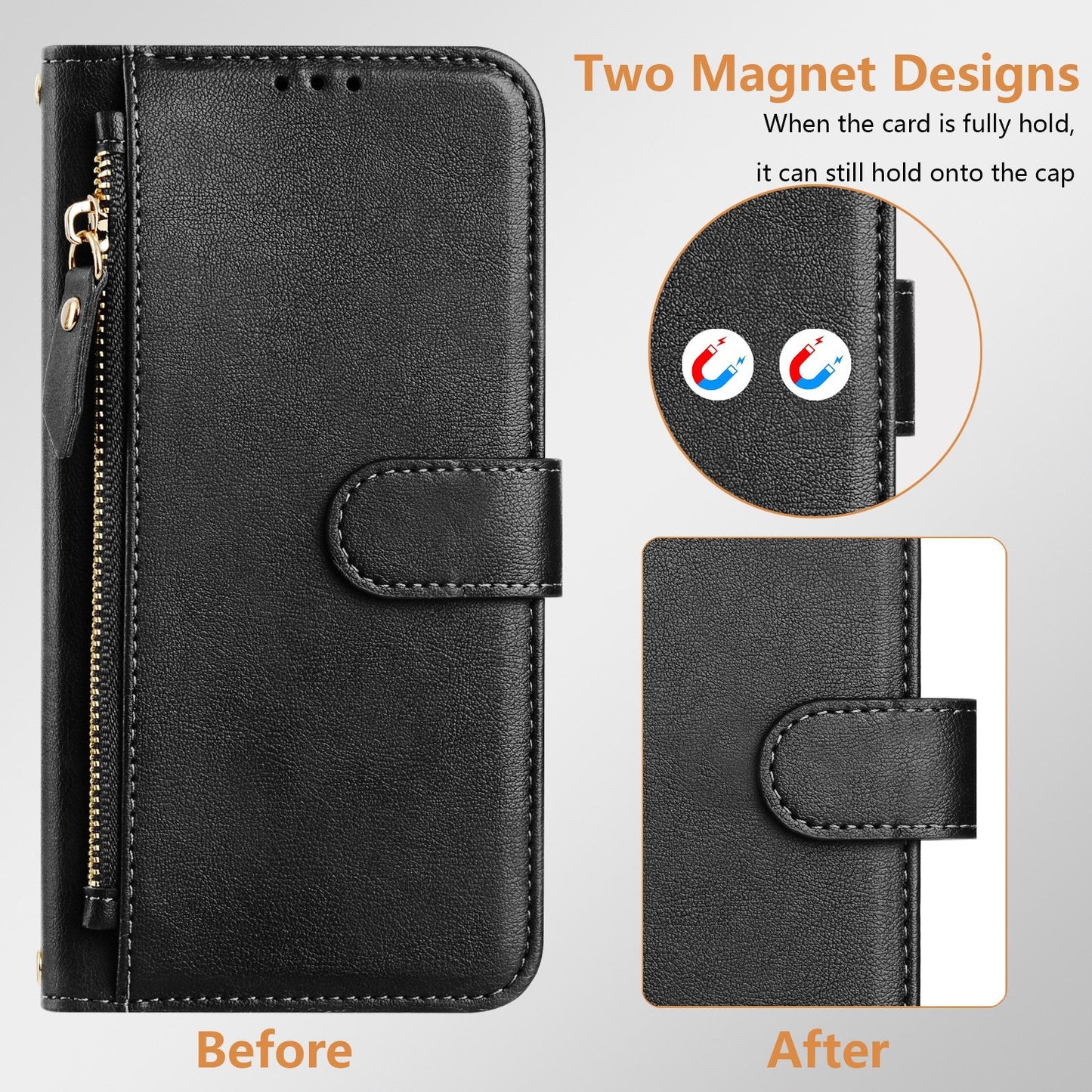 For OnePlus 13 Case Zipper Pocket Multiple Card Slots Leather Phone Cover - Black