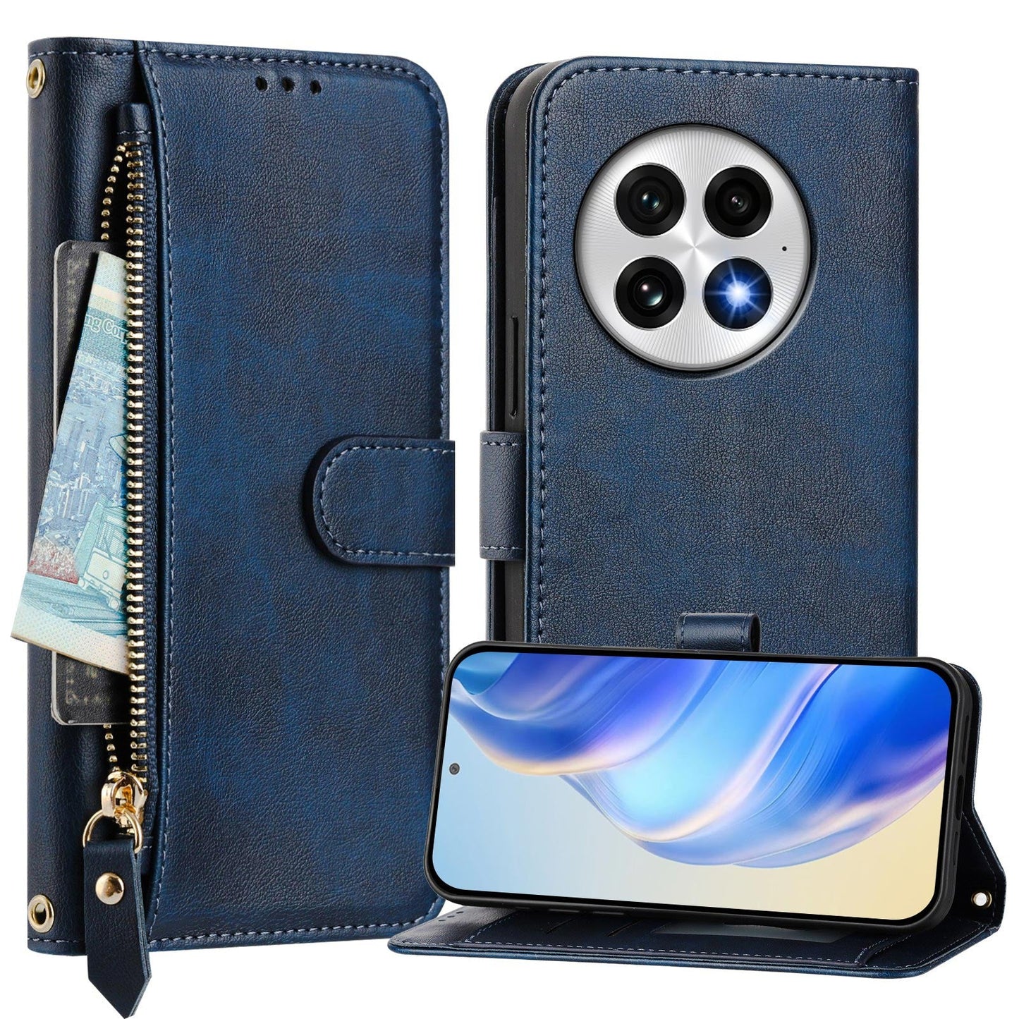 For OnePlus 13 Case Zipper Pocket Multiple Card Slots Leather Phone Cover - Blue