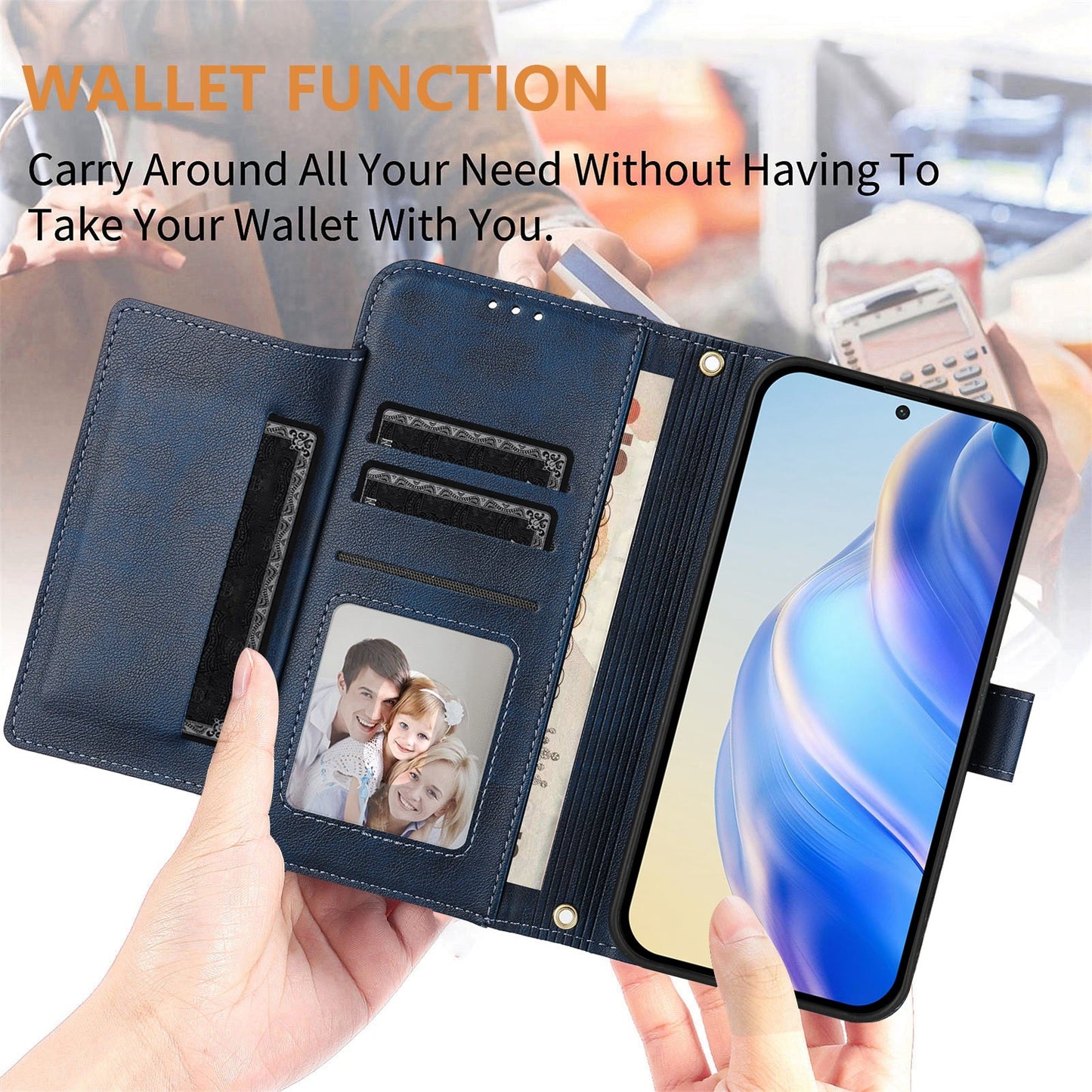 For OnePlus 13 Case Zipper Pocket Multiple Card Slots Leather Phone Cover - Blue
