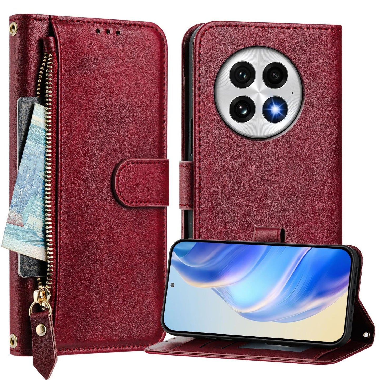 For OnePlus 13 Case Zipper Pocket Multiple Card Slots Leather Phone Cover - Red