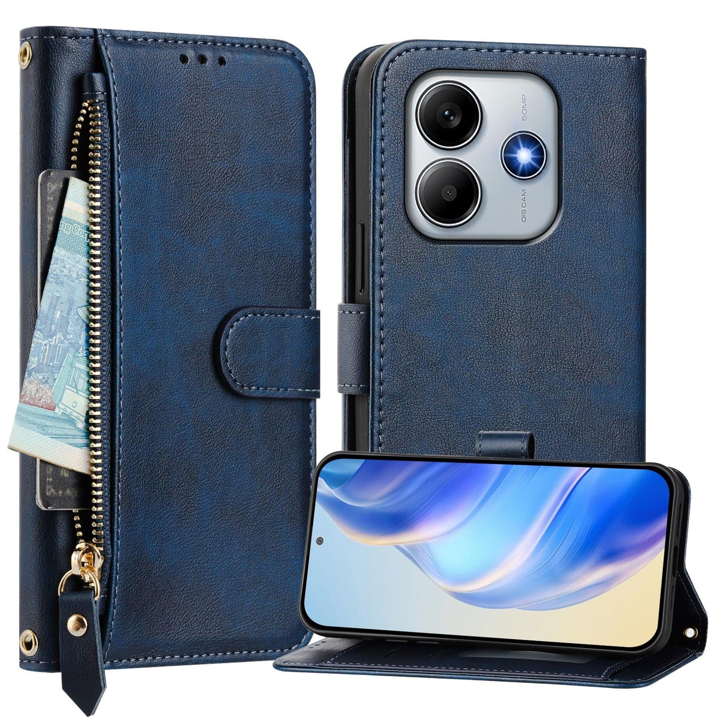 For Xiaomi Redmi Note 14 5G Case Zipper Pocket Multiple Card Slots Leather Phone Cover - Blue