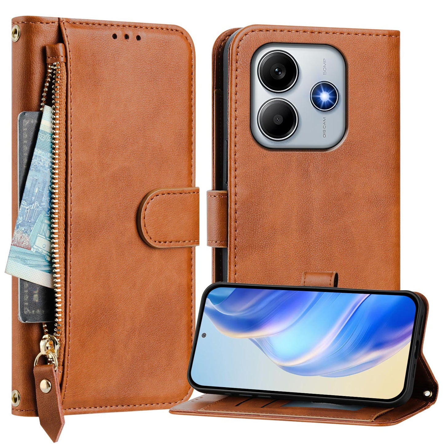 For Xiaomi Redmi Note 14 5G Case Zipper Pocket Multiple Card Slots Leather Phone Cover - Brown
