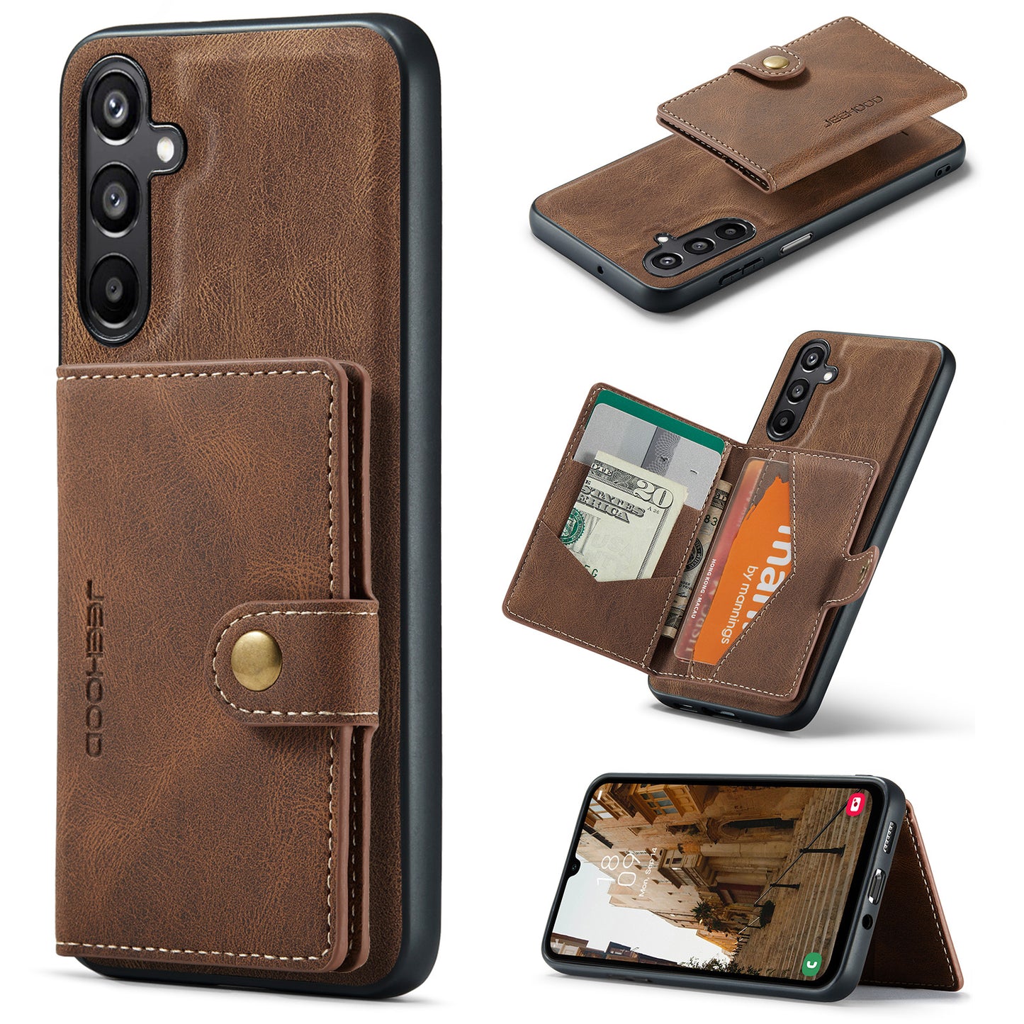 For Samsung Galaxy A16 5G Case JEEHOOD J01 Retro Leather Phone Back Cover with Detachable Magnetic Card Holder - Brown