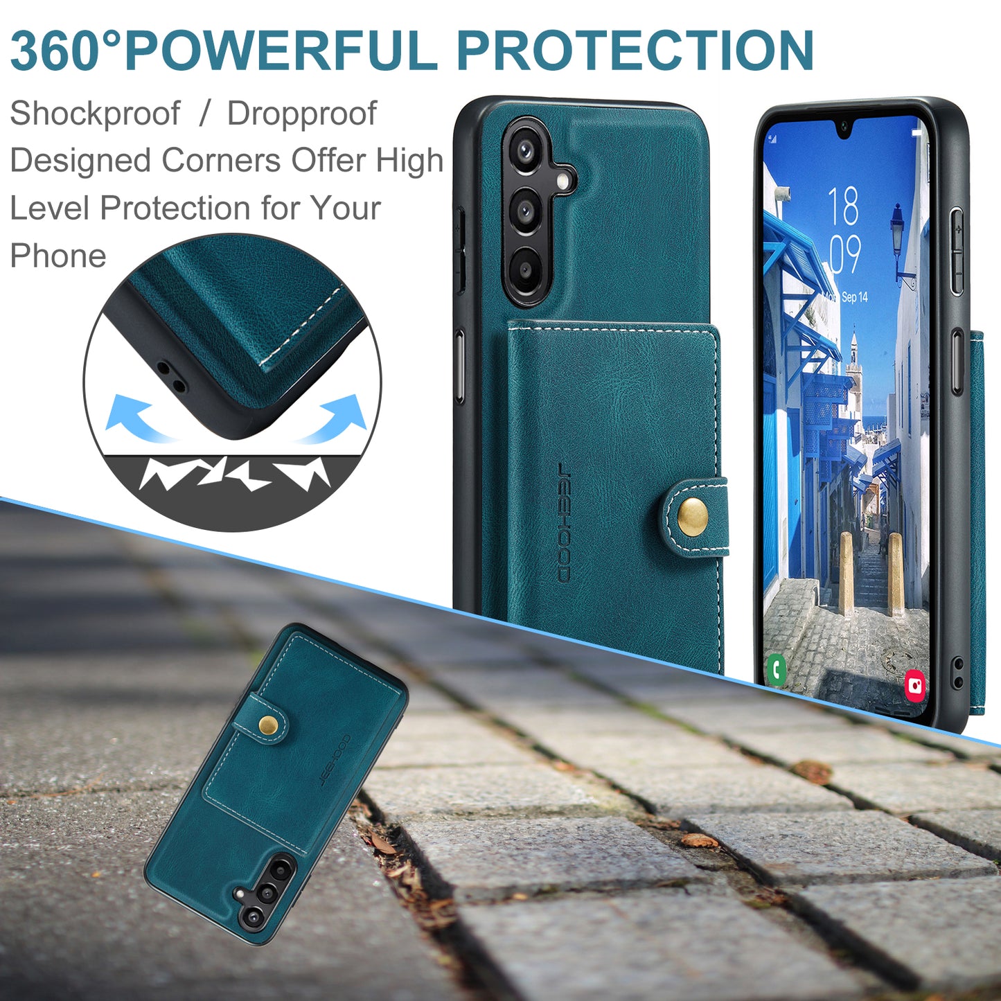 For Samsung Galaxy A16 5G Case JEEHOOD J01 Retro Leather Phone Back Cover with Detachable Magnetic Card Holder - Blue