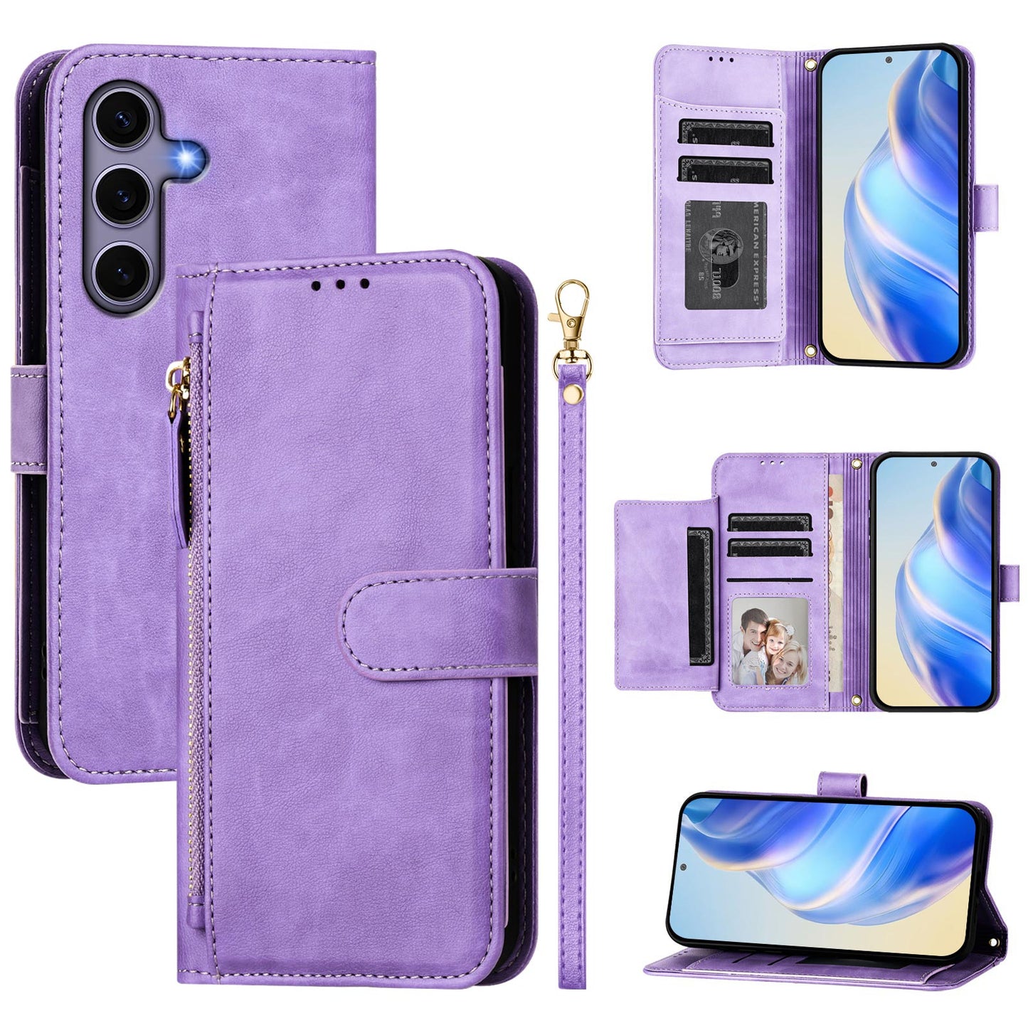 For Samsung Galaxy S25 Case Zipper Pocket Multiple Card Slots Leather Phone Cover - Purple