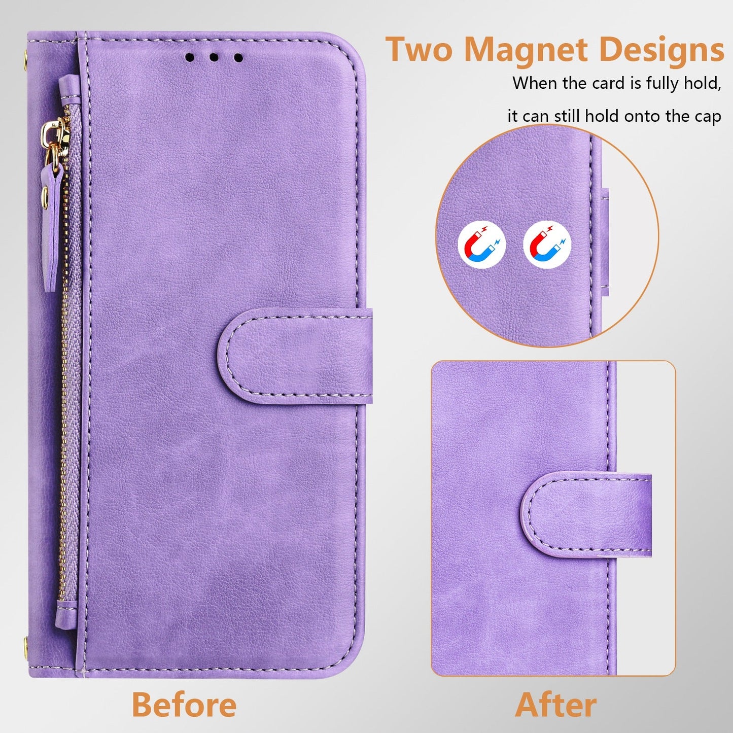 For Samsung Galaxy S25 Case Zipper Pocket Multiple Card Slots Leather Phone Cover - Purple
