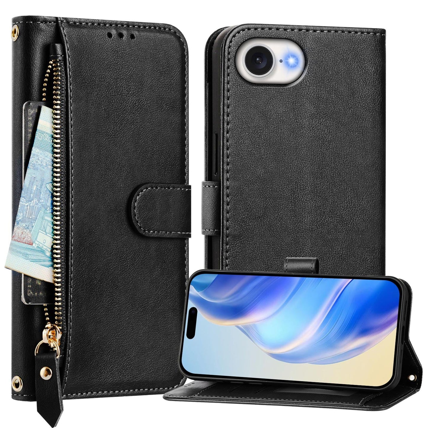 For iPhone 16e Case Zipper Pocket Multiple Card Slots Leather Phone Cover - Black