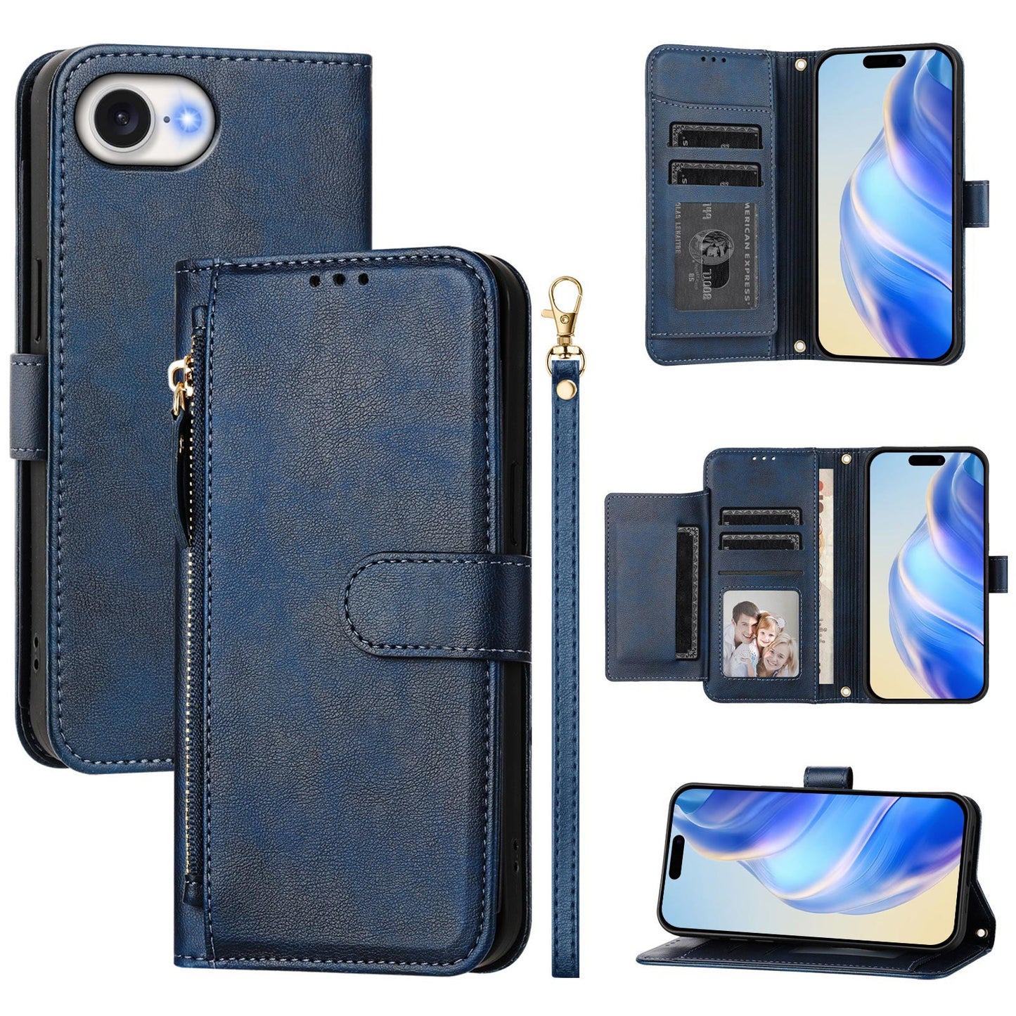 For iPhone 16e Case Zipper Pocket Multiple Card Slots Leather Phone Cover - Blue