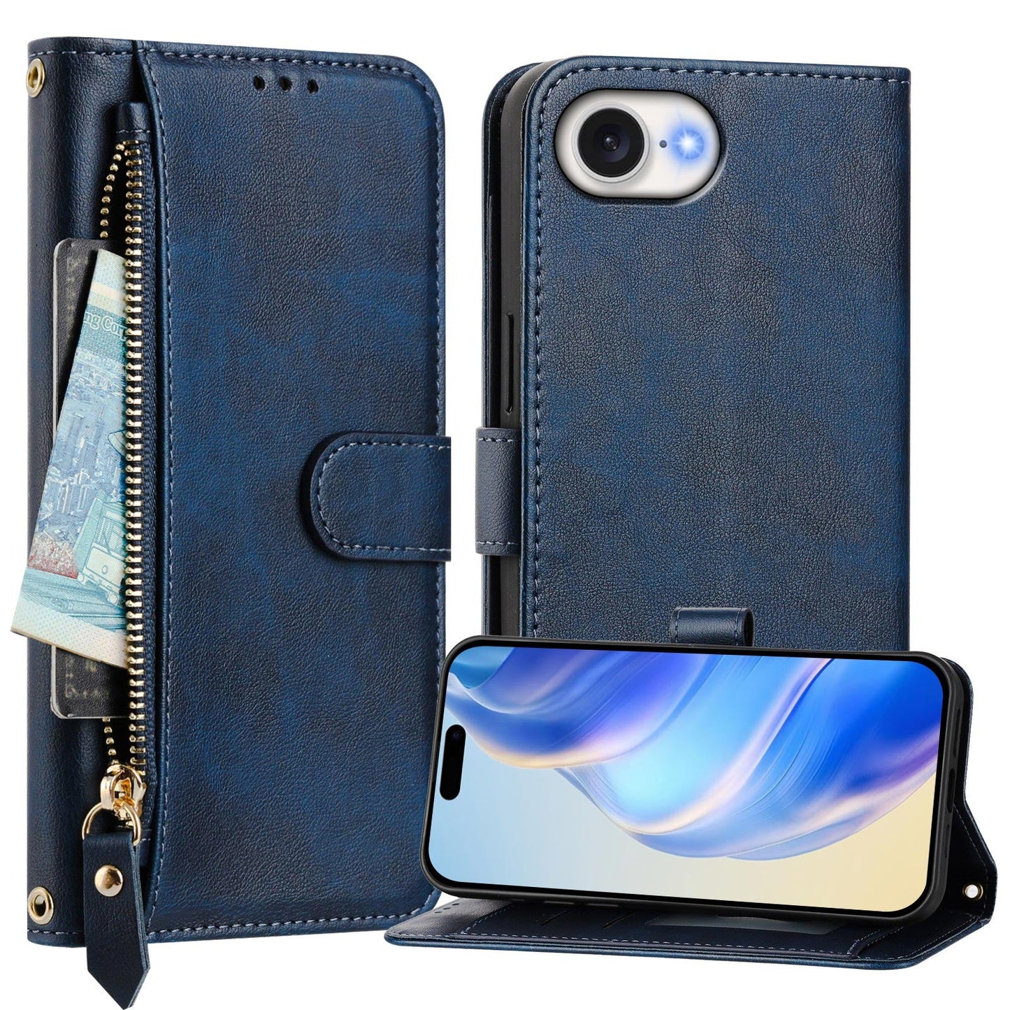 For iPhone 16e Case Zipper Pocket Multiple Card Slots Leather Phone Cover - Blue