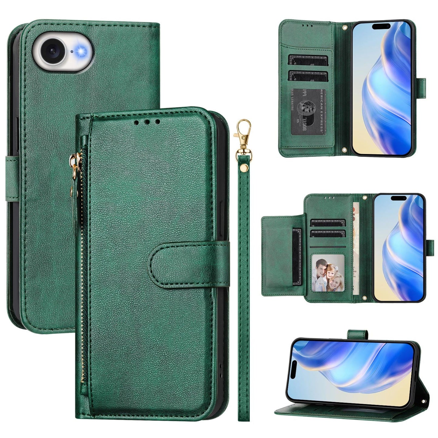 For iPhone 16e Case Zipper Pocket Multiple Card Slots Leather Phone Cover - Green