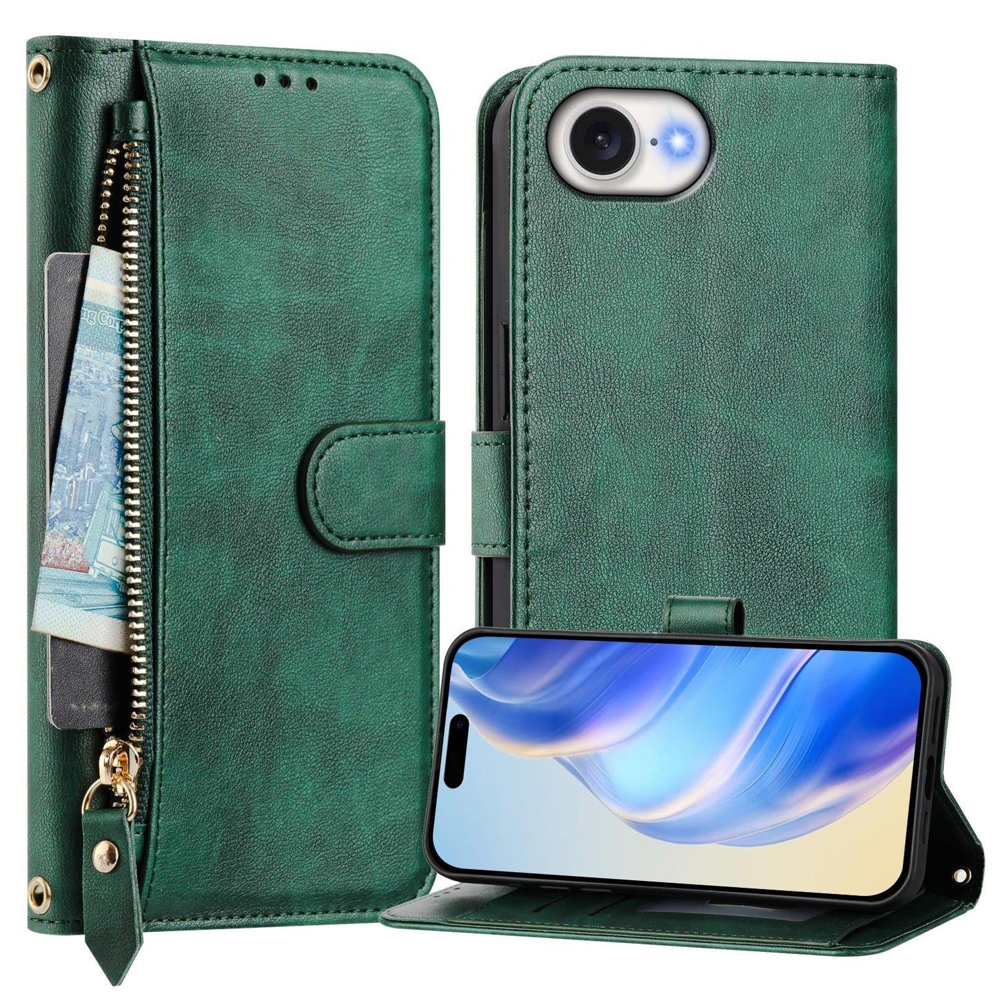 For iPhone 16e Case Zipper Pocket Multiple Card Slots Leather Phone Cover - Green